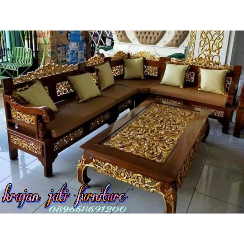 kursi tamu sudut bagong + meja ketapang jati + jok bantalan