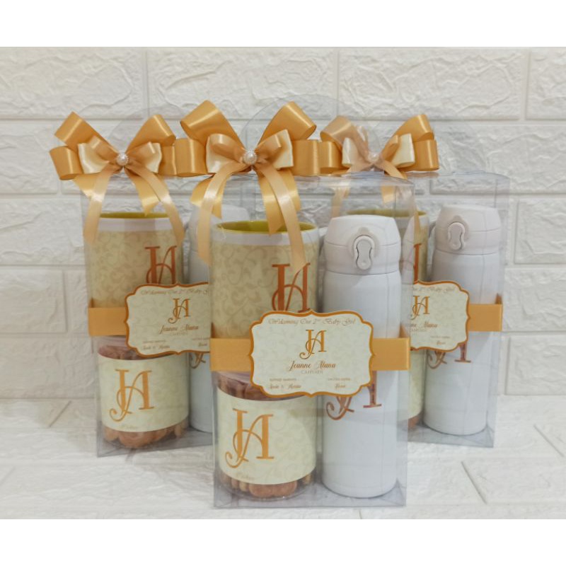 SOUVENIR HAMPER TERMOS PRINT UV , MUG WARNA DALAM (MUG DOUBLE TONE), TOPLES PLASTIK ISI COOKIES KEMA