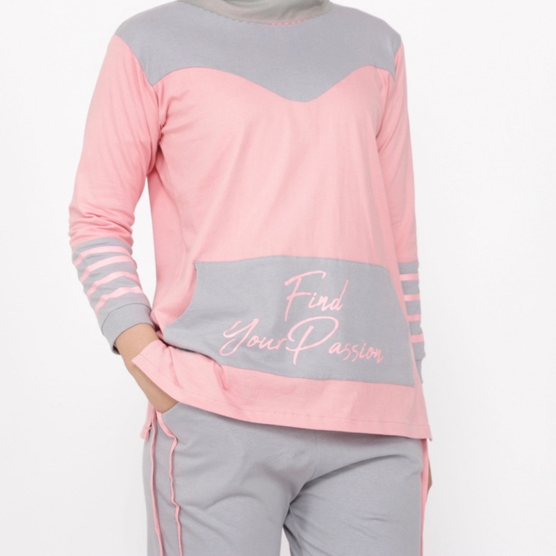 Setelan Olahraga Wanita - Baju Olahraga Wanita Muslim - Setelan Senam Sepeda Gowes Wanita PEACH-ABU-8