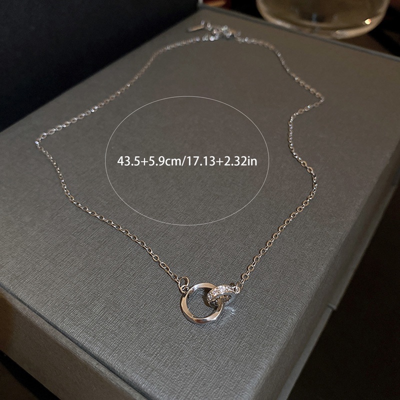 Kalung Rantai Klavikula 925 Sterling Silver Model Cincin Ganda Bahan Zirkon Gaya Klasik Untuk Wanita