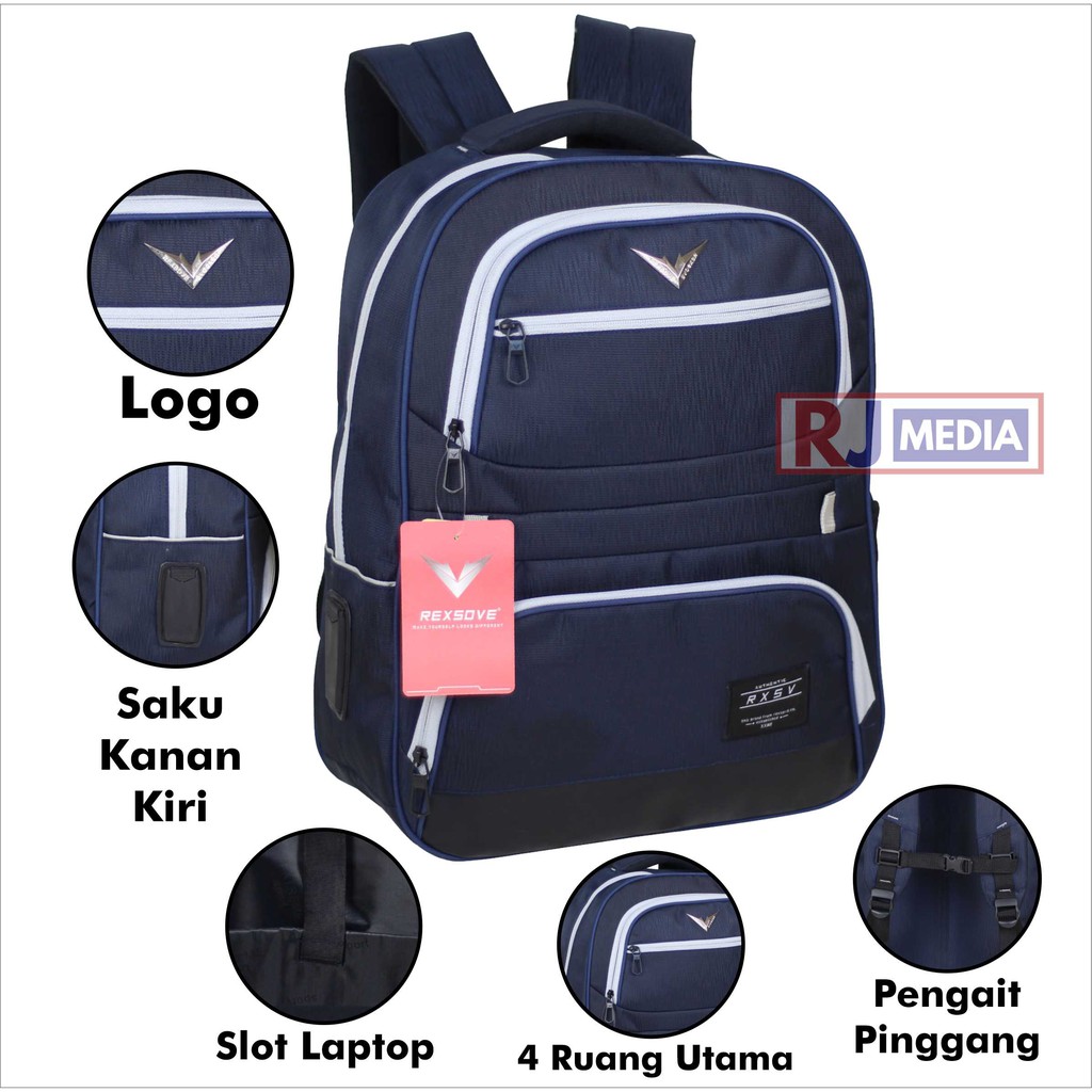 Tas Punggung Sekolah SD SMP SMA Kuliah Kerja Ransel Laptop Rexsove Navy imitasi Hitam Bahan Polyester Tebal Berkualitas Awet Backpack Pria Wanita Free Raincover