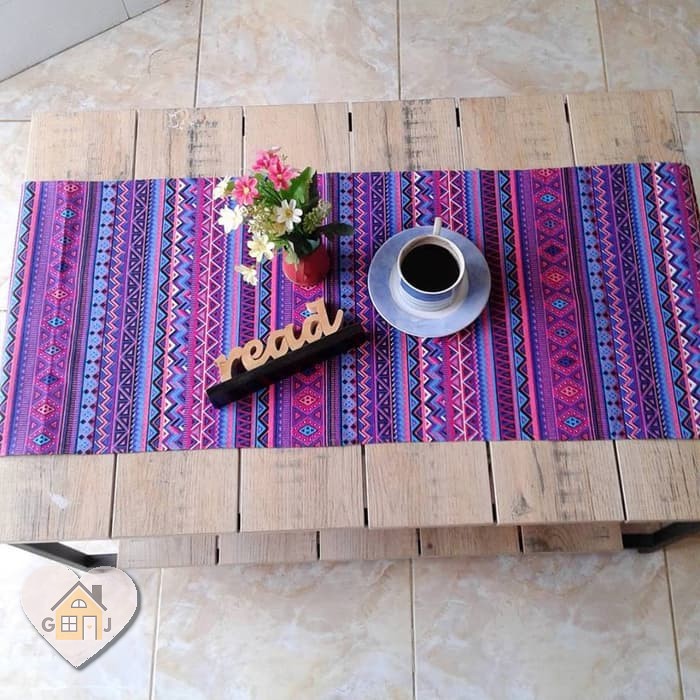 Taplak Meja Tamu Bahan Kain Kanvas Linen Tebal Ukuran 150 cm x 40 cm Motif Tribal Biru