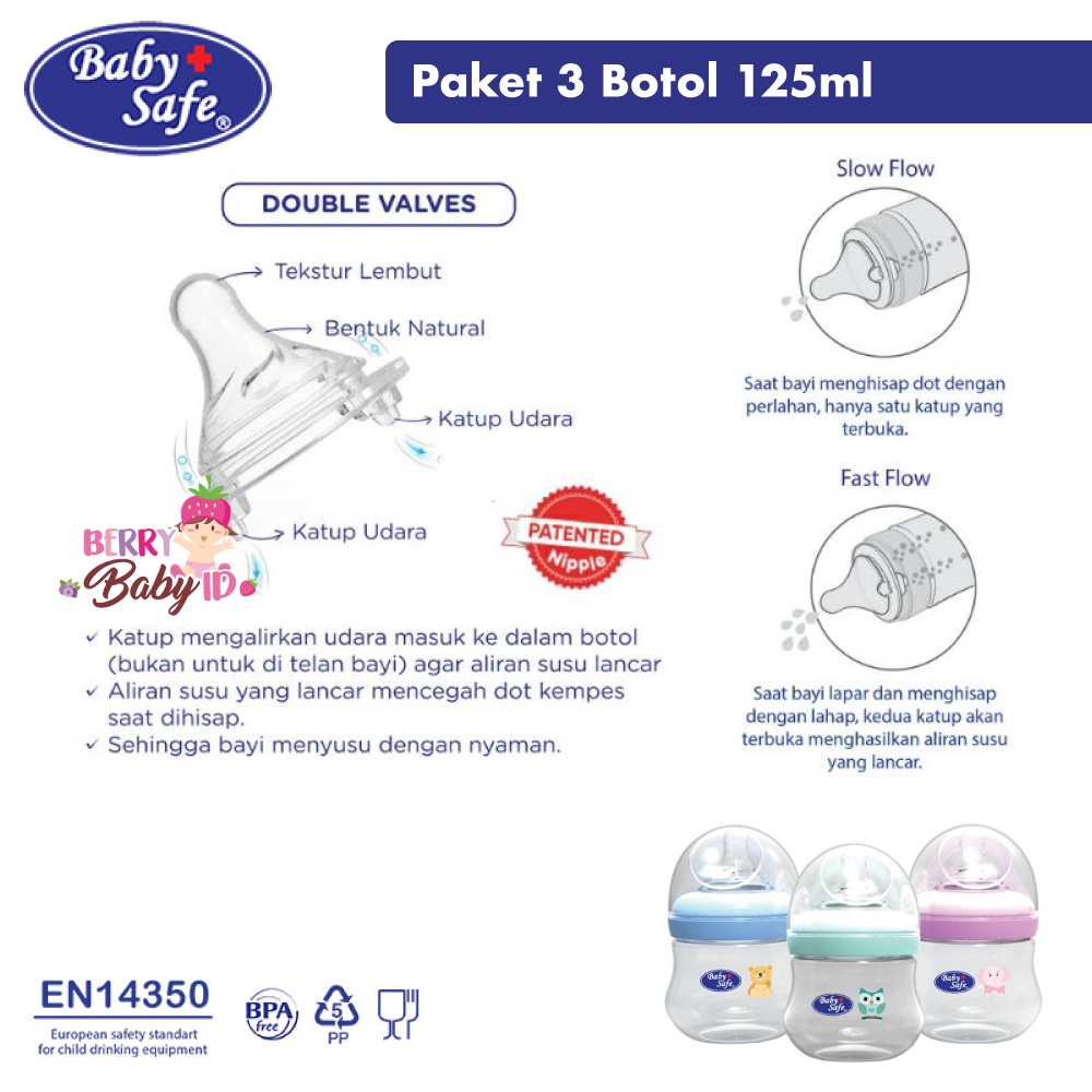 Baby Safe Bottle Set 3pc Botol Susu Bayi Wide Neck 125ml 250ml 0m+ 3m+ Berry Mart