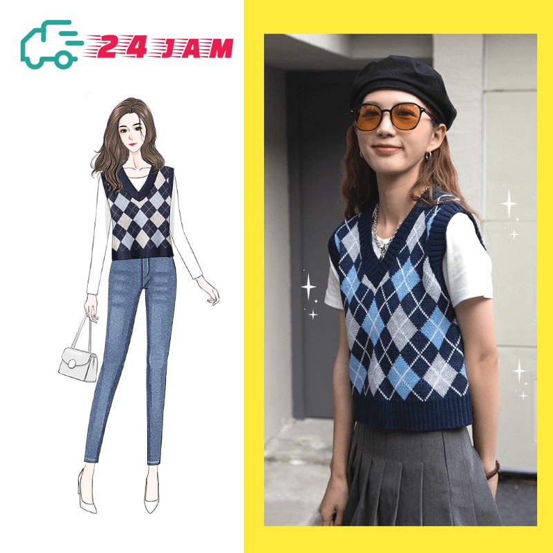 Vest Rajut Rompi Rajut Kotak Kotak Korea Gaya Retro Vest Knit Baju Crop