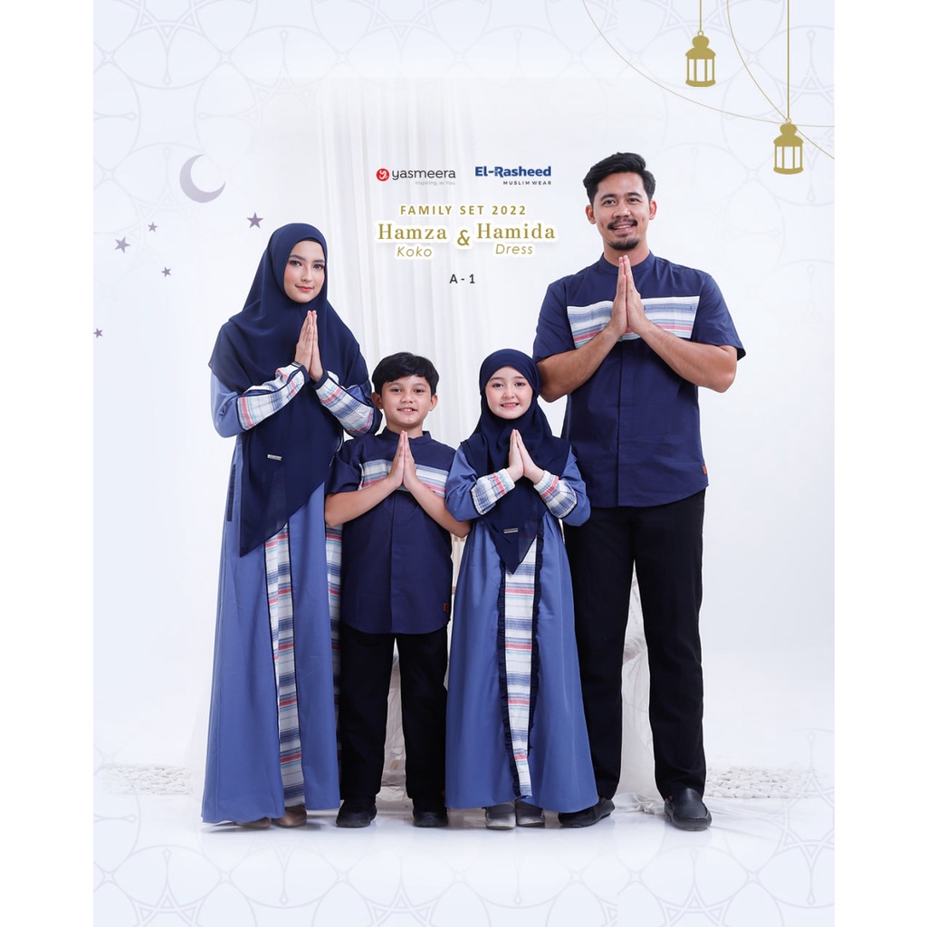 Couple Keluarga Yasmeera Hamza Hamida A1 Navy - Niagara Blue  Gamis Cople Pasangan Sarimbit Lebaran 