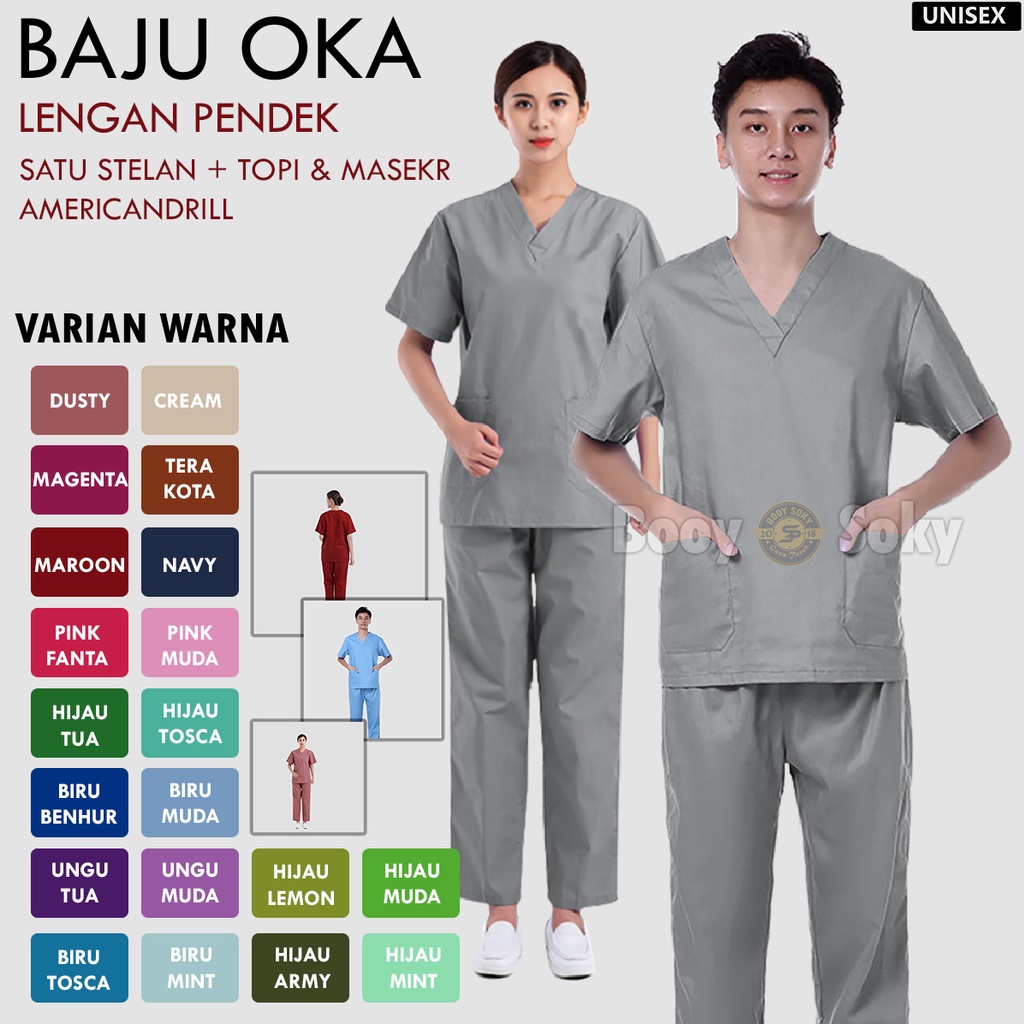 BAJU JAGA OK , BAJU SERAGAM OKA PRIA / SERAGAM MEDIS / LENGAN PENDEK / BAJU PERAWAT ABU-ABU