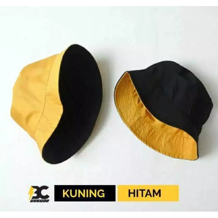TOPI BUCKET POLOS BOLAK-BALIK HITAM/KUNING/TOPI EMBER DISTRO PRIA & WANITA