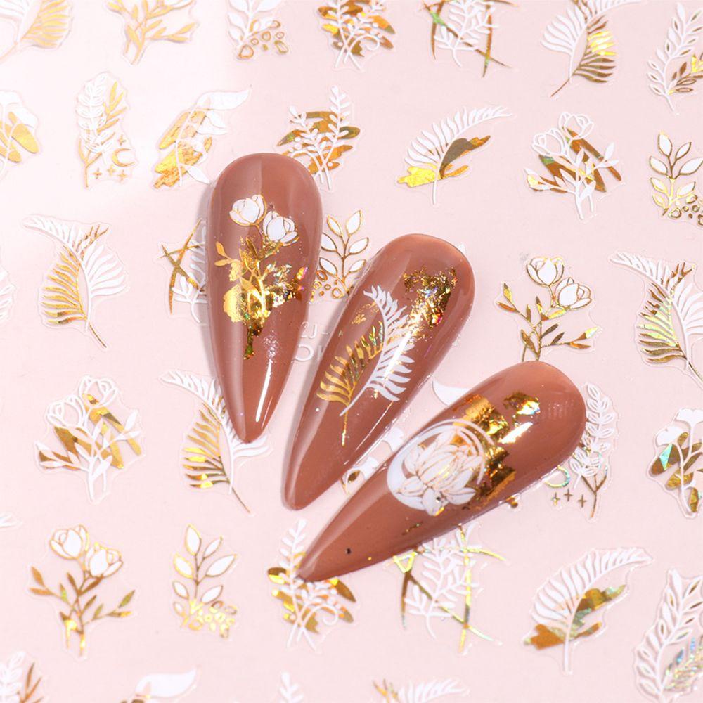 R-flower Nail Art Stickers Perekat Decals Desain Wajah Abstrak Bunga Daun Emas Putih