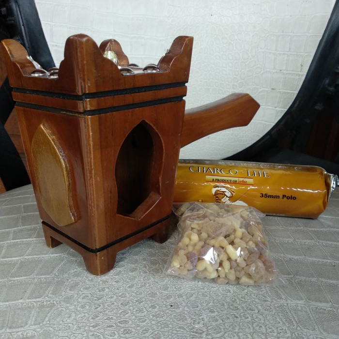 Paket Tempat Bukhur Dupa Mabkhara Kayu Jati Terompah Luban Arang