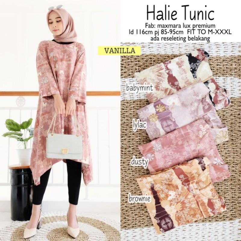 halie tunik / tunik bahan maxmara lux / long tunik ori by vanilla hijab