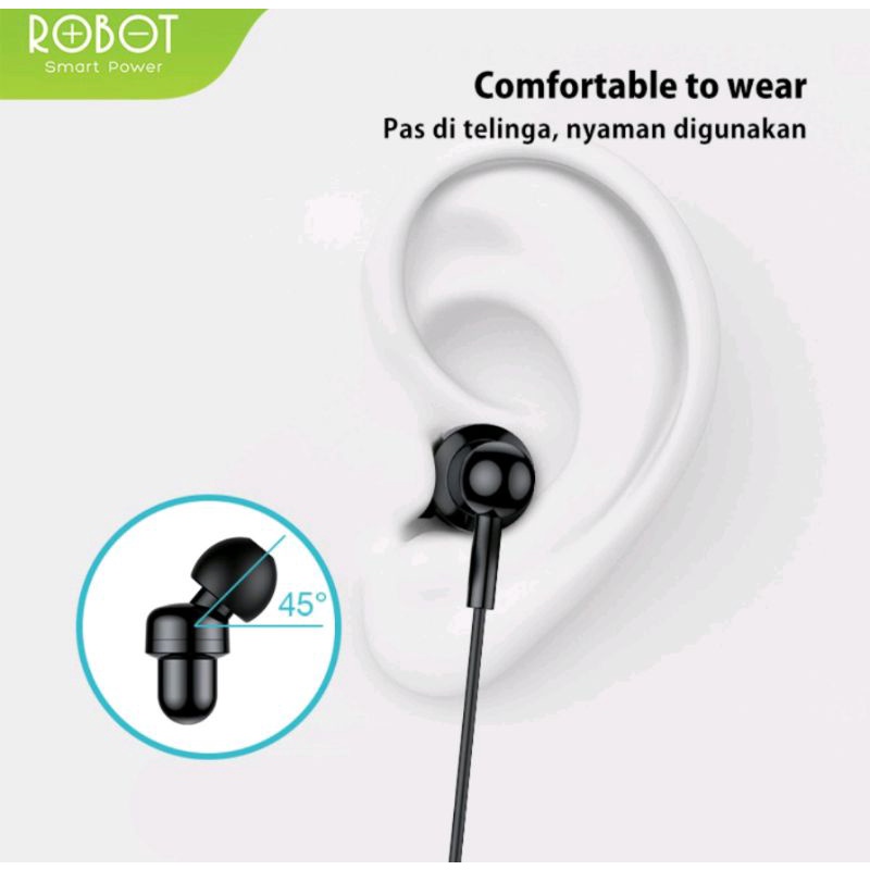 Headset ROBOT RE20 Wired Earphone Bass Smartphone Original Re-20 Garansi 1 Tahun