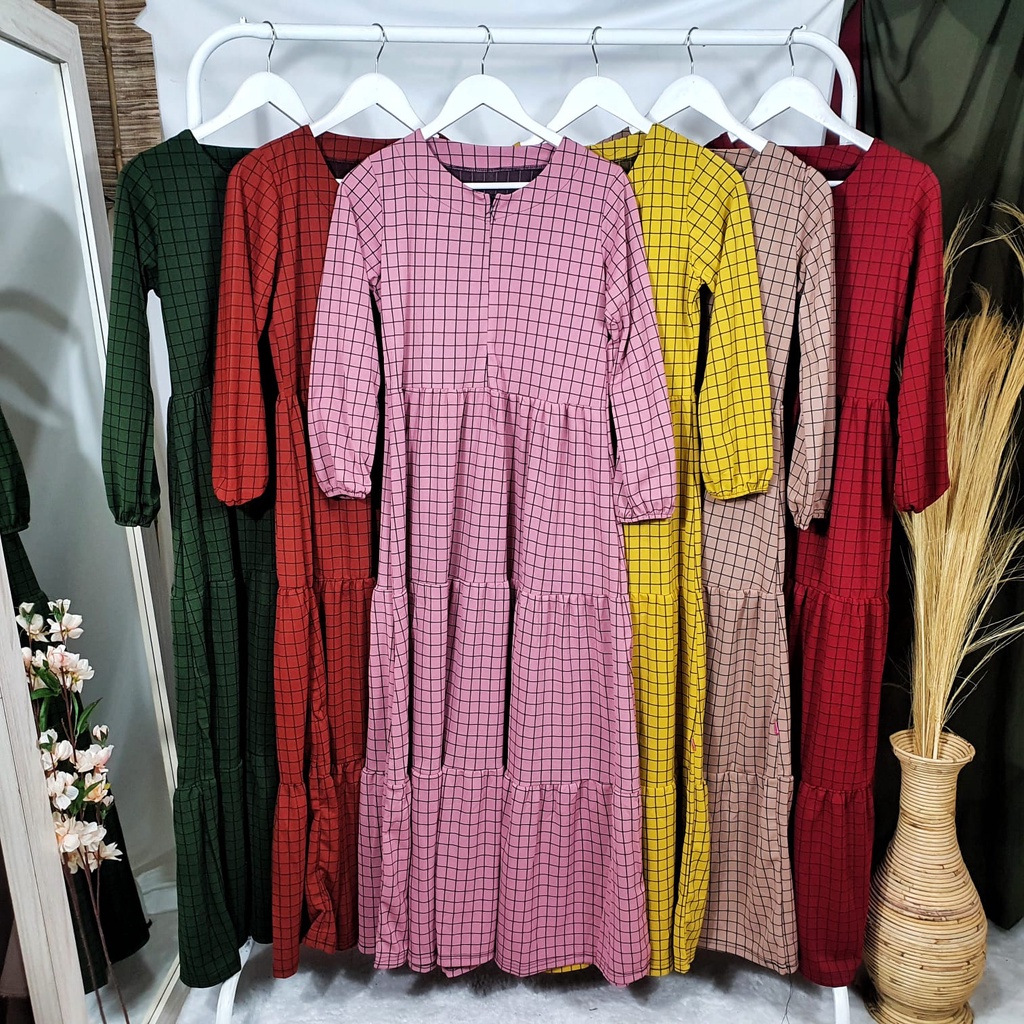 Gamis Rumbai BUSUI Lengan Panjang Fashion Muslim Zalfa Kotak Fit  L-XL Lingkar Dada 100cm Panjang 130cm