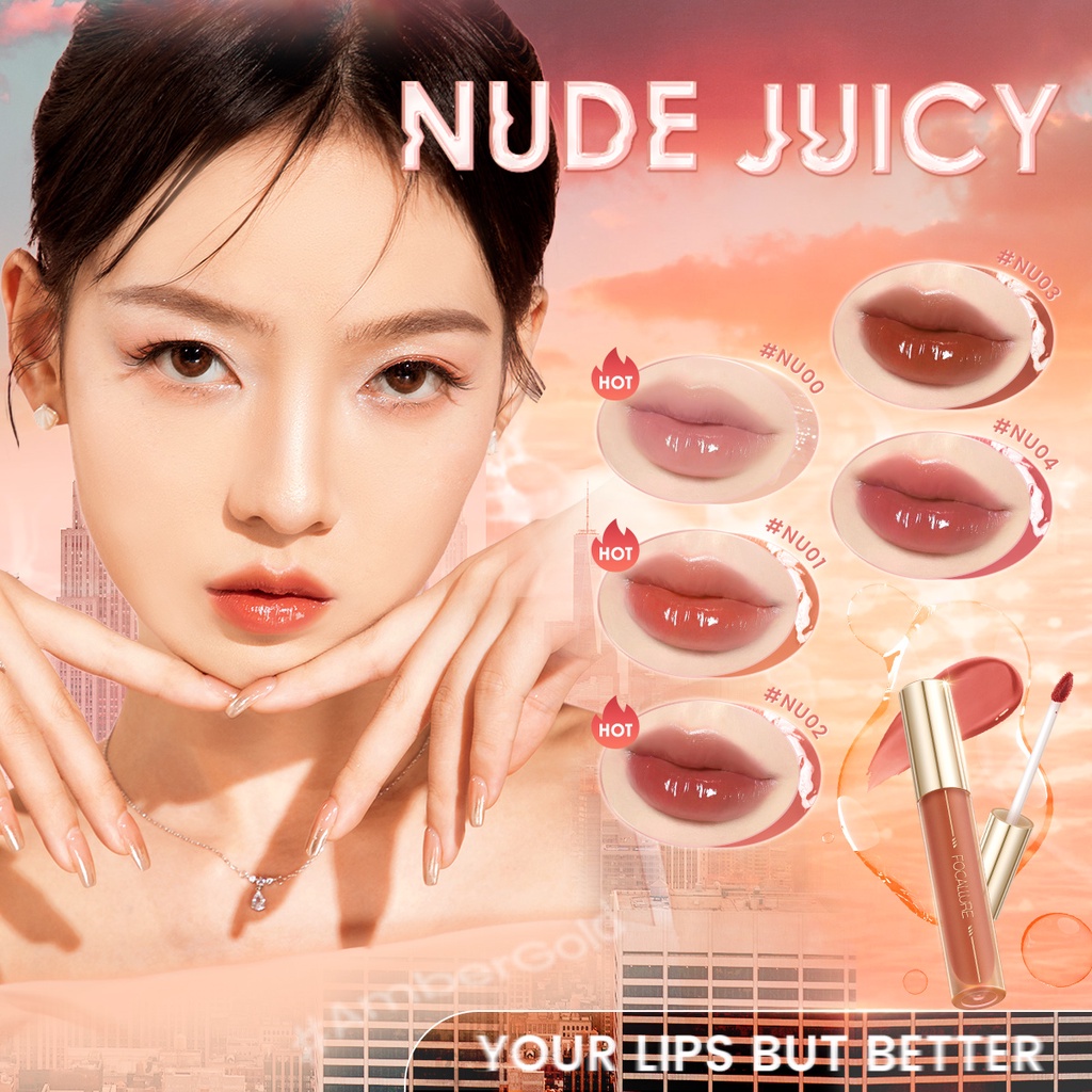 FOCALLURE #AmberGold Jelly Lip Gloss Glasting Juicy Dewy Essence Lip Tint Plumpy Long Wear Lipstick