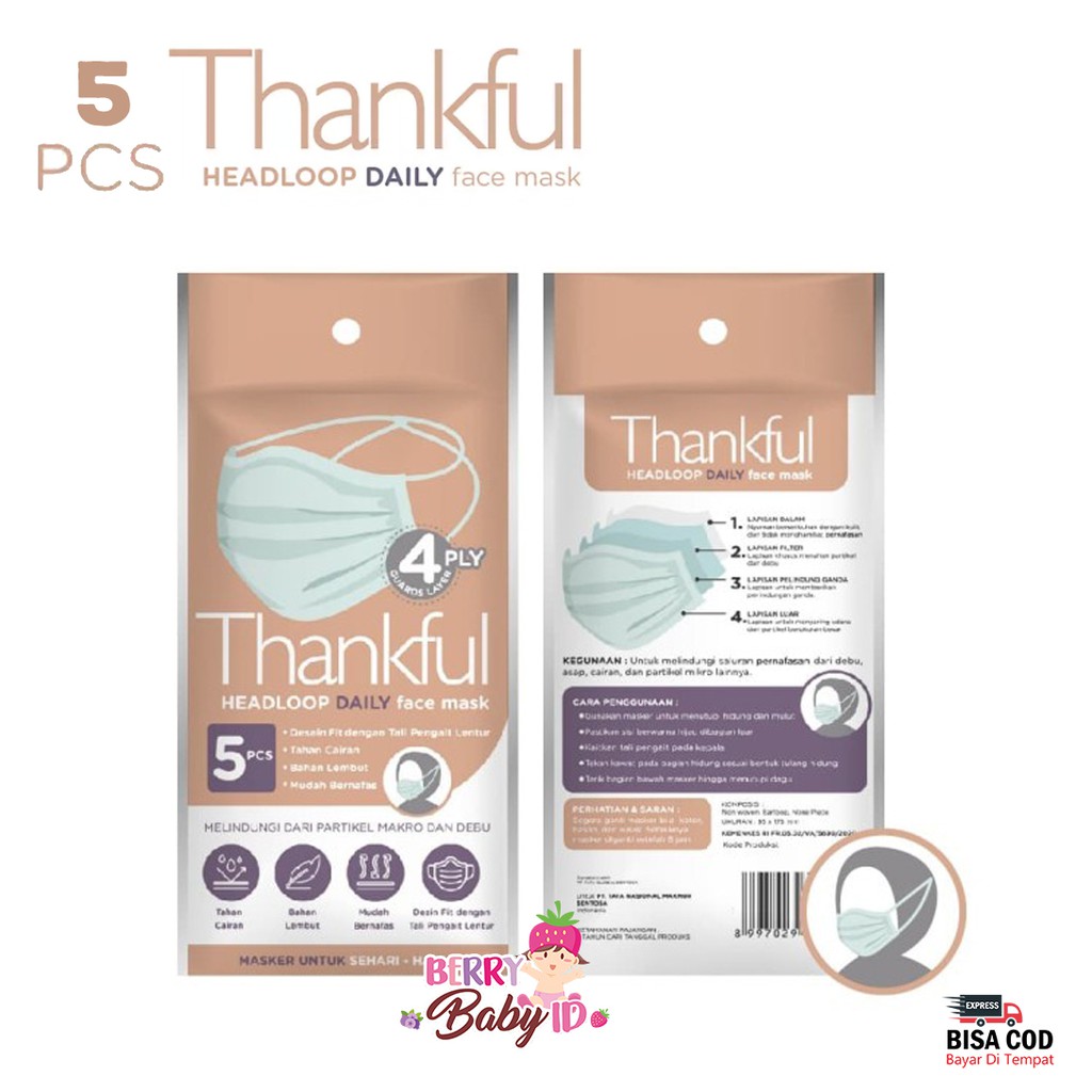 Thankful Masker Hijab Dewasa 4 Ply Isi 5 Pcs Headloop Daily Face Mask Berry Mart