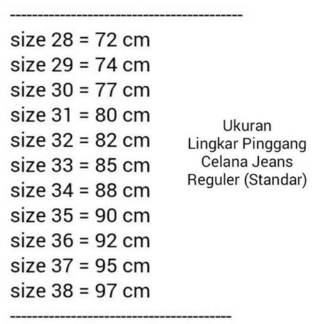 Ukuran lingkar pinggang celana jeans reguler standar Ukuran lingkar pinggang celana jeans reguler standar