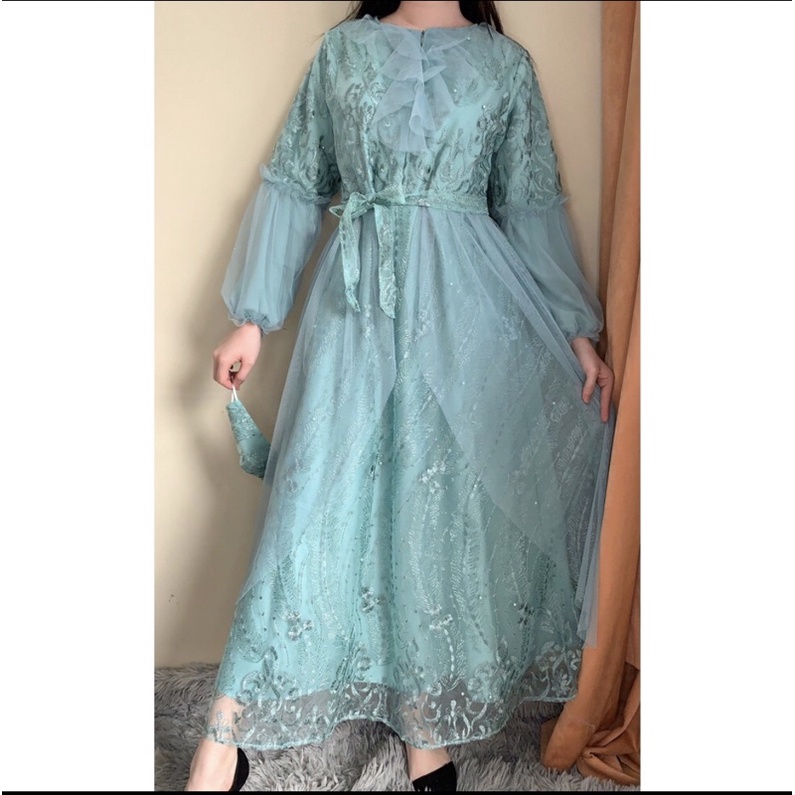 Produk Baru Ken-257 Busana Lebaran Longdress Busui Kondangan Mewah Dress Maxi Pesta Wanita Longdress Gamis hijab Long Dress Muslim Full Brukat Tulle Premium Import  Include Tali Pinggang