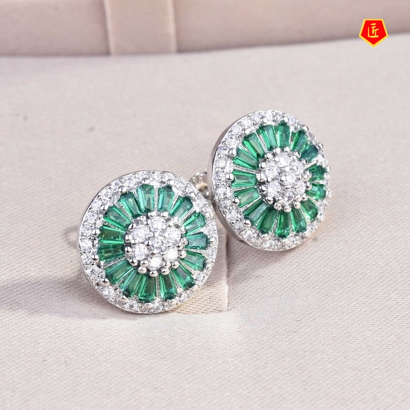 [Ready Stock]Cold Style French Retro Green Gem round Earrings