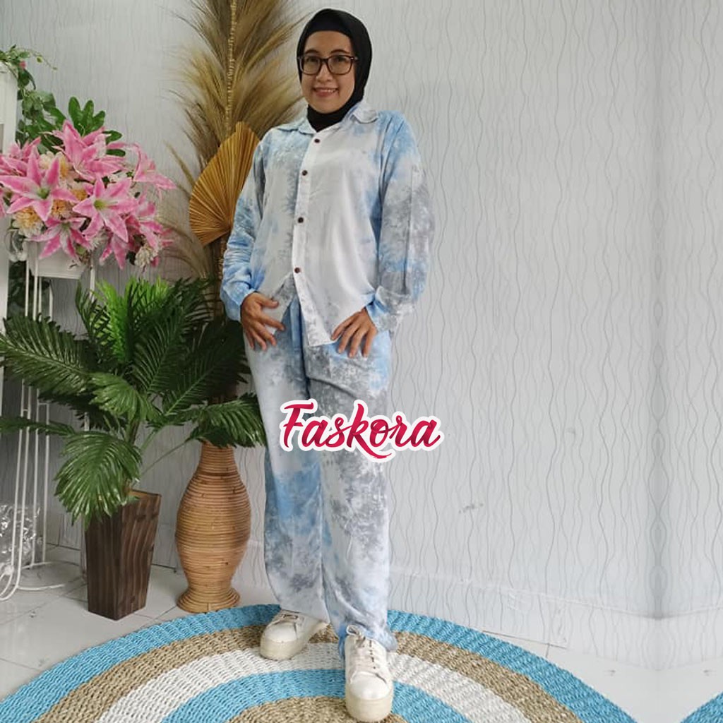 One Set Kemeja Tie dye Wanita Lengan Panjang / Piyama Rayon Jumbo Set Lengan Panjang