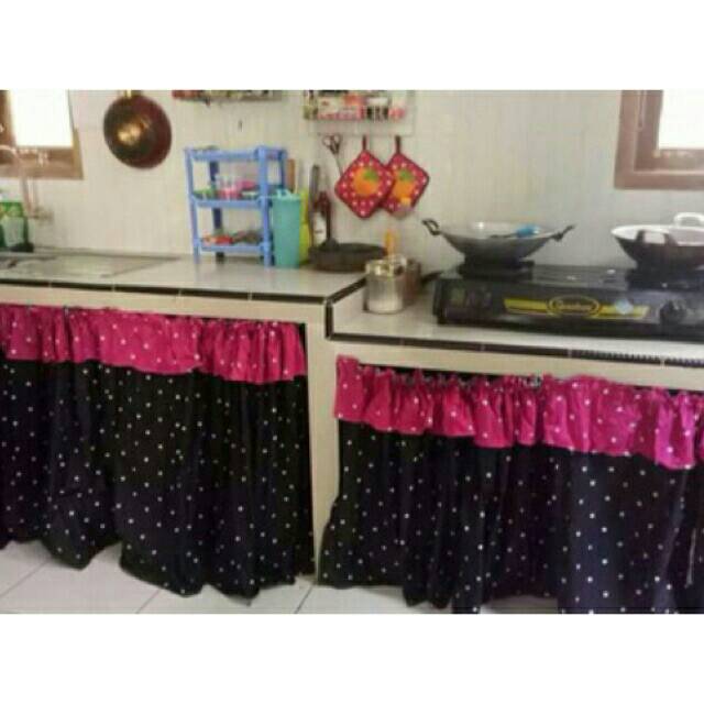 Gorden bawah kompor/Gorden kolong dapur/Gorden Kolong Meja Dapur Bahan Katun Premium Dotty Hitam