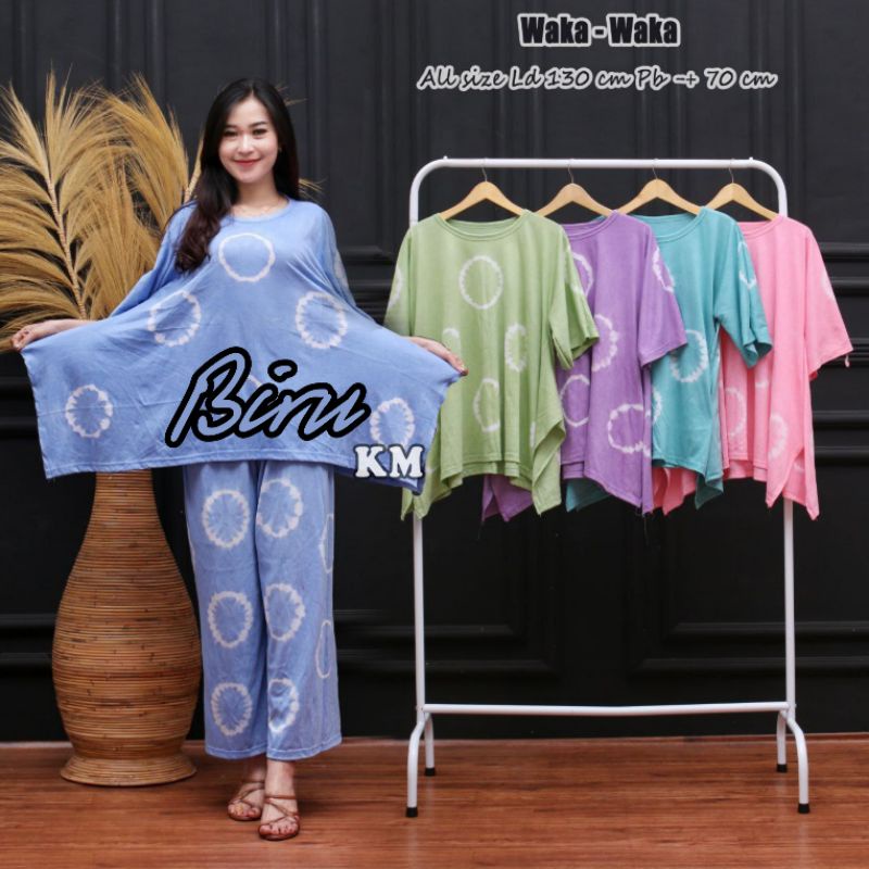 One Set Kaos Jumbo Model Waka Motif Tiedye Setelan Wanita Celana Panjang Kekinian