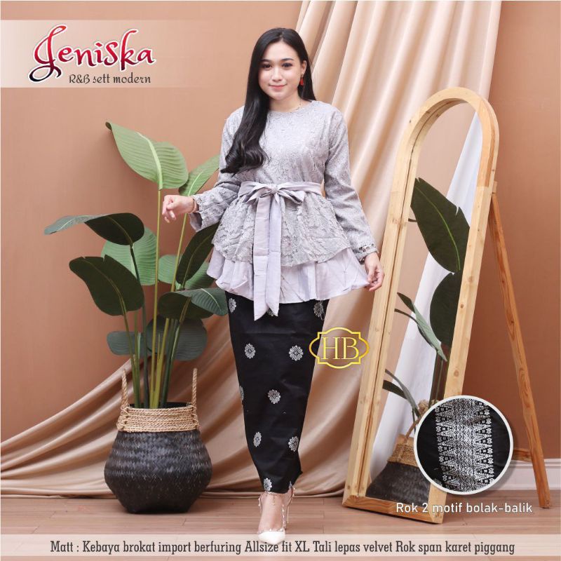 RnB NEW JENISKA SETELAN KEBAYA BATIK BROKAT BRUKAT MODERN MODIFIKASI ABAYA BATIK PESTA WARNA ABU DAN