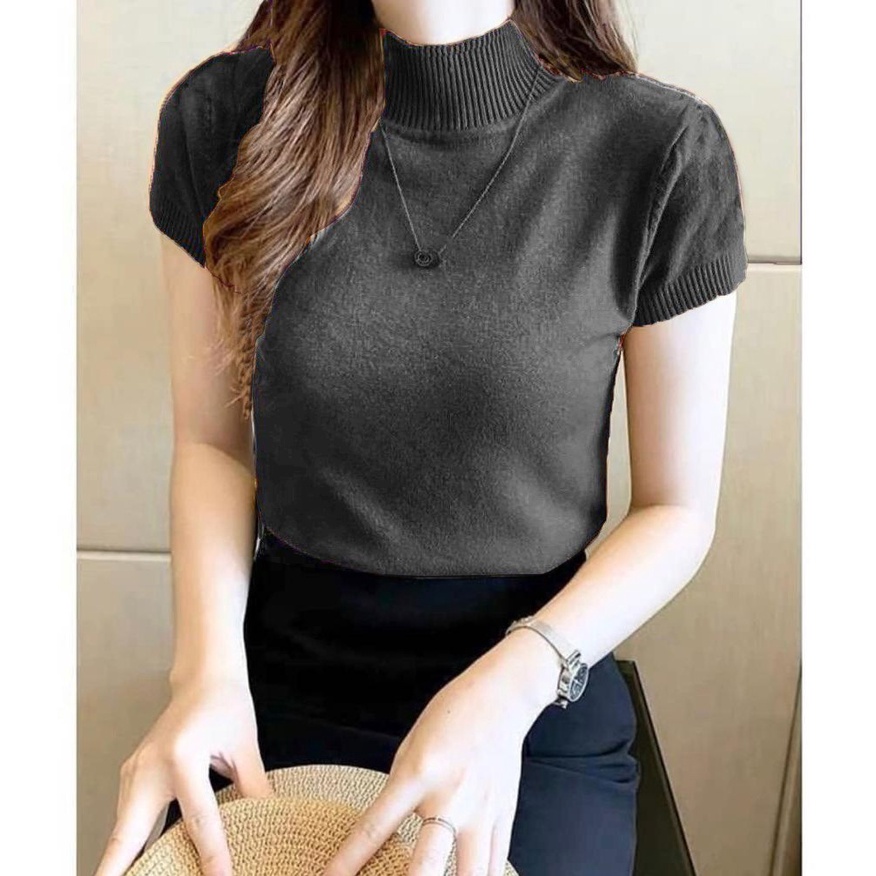 HOPYLOVY - Atasan Rajut Wanita Turtleneck / Kerah Tinggi Lengan Pendek Nadira-Abu Tua