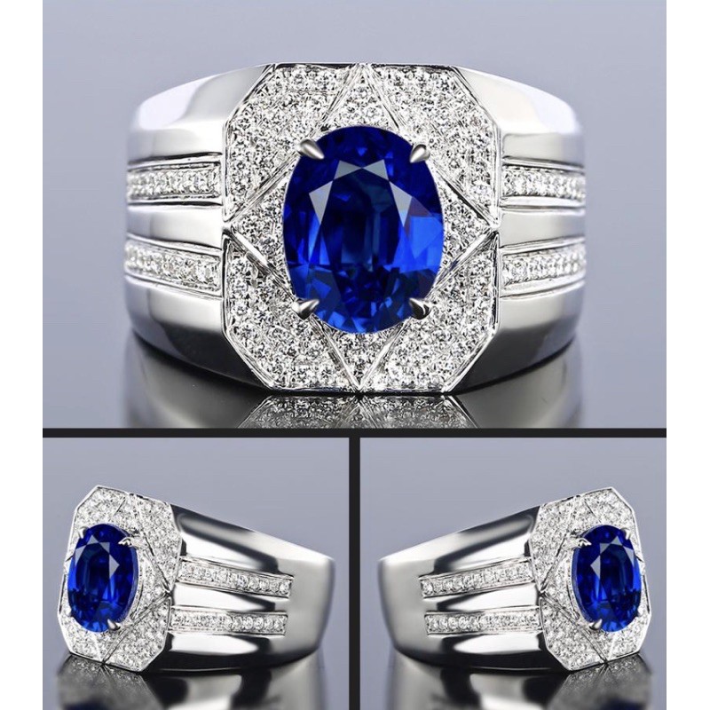 Cincin Pria Perak Royal Blue Saphire Batu Safir Biru Tabur Zircon Mewah Kantoran