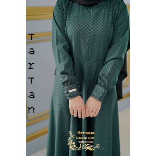 [Gamis Hermosa] Gamis hermosa motif tartan warna hijau botol-gamis jotol-gamis hijau tua premium