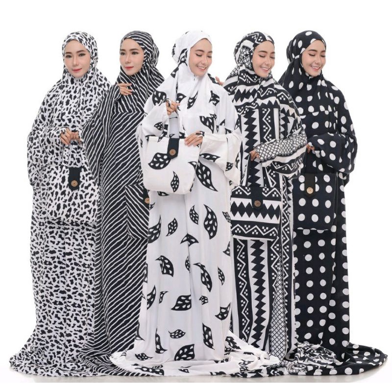 0Mukena Hadramaut Syari Terusan Hitam putih/Mukena terusan terbaru/Mukena Motif Terbaru