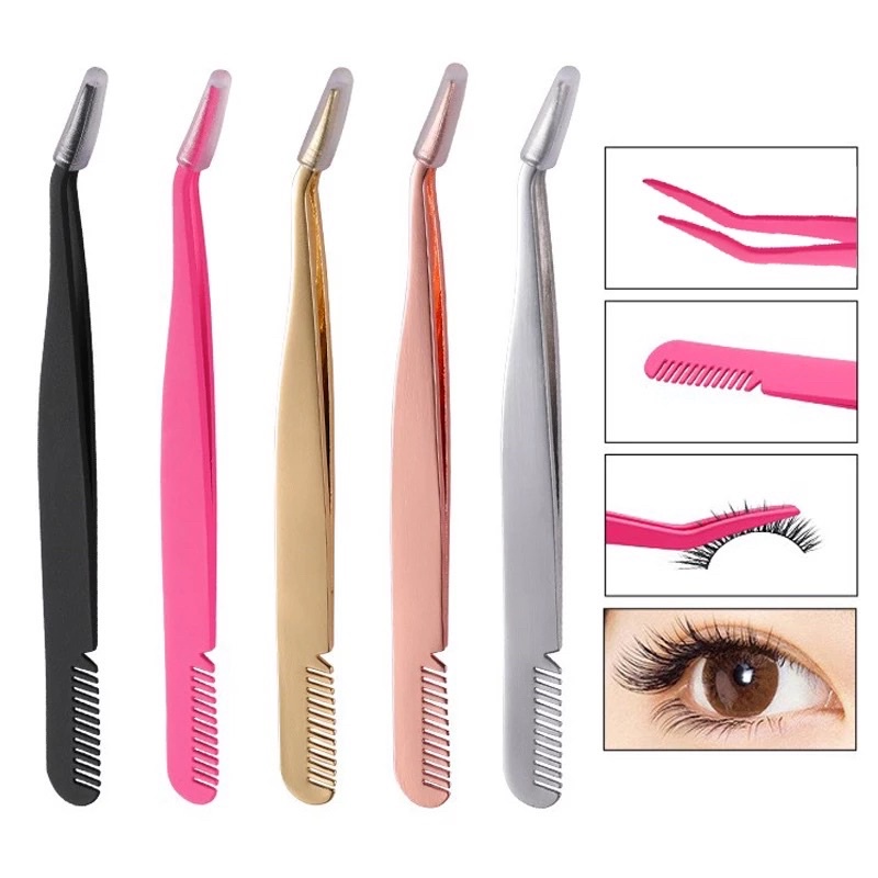 PINSET BULUMATA DAN SISIR ALIS - 1pcs Eyelash Tweezers Stainless Steel False Eyelashes Applicator Makeup Volume Lashes Extension Curler Clips Beauty Tools [ A296 ]