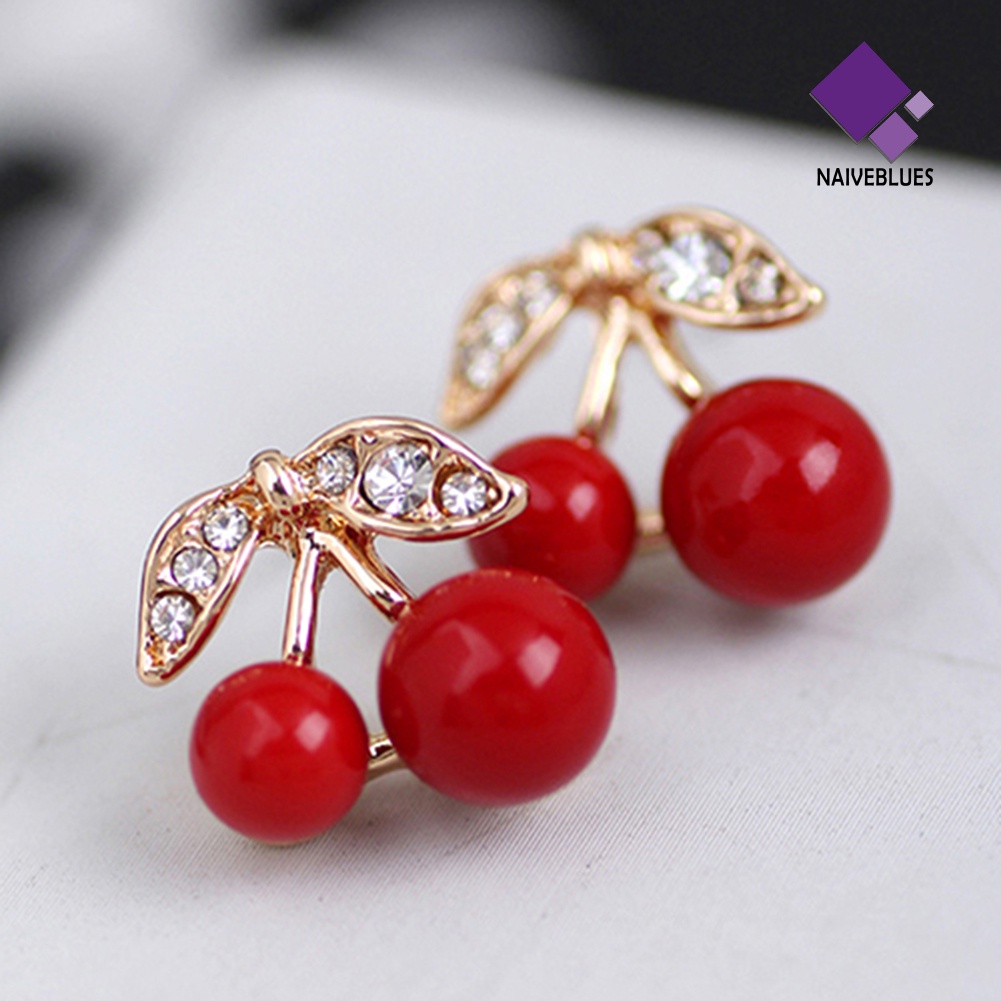 Anting Manik-Manik Ceri Merah Berlian Imitasi Bahan Alloy Warna Emas Untuk Wanita