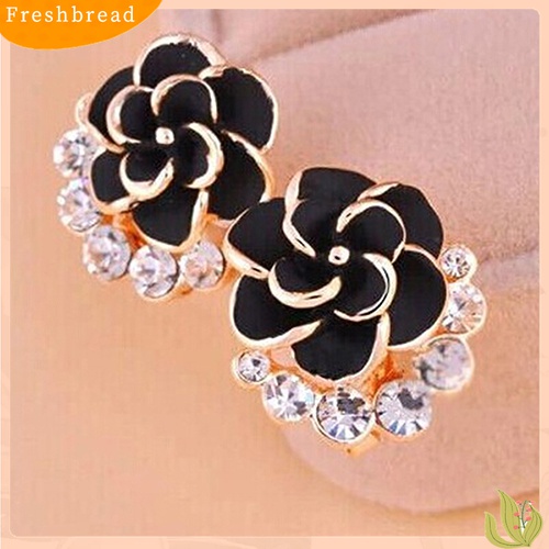 Fresh| Anting Tusuk Motif Bunga Peony / Camellia Bahan Alloy Hias Berlian Imitasi Untuk Wanita / Pesta