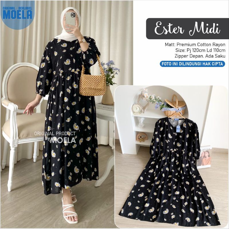 Ester Daisi Midi Dress Jumbo Long Tunik Tunic Atasan Allsize Busui Catton Rayon Original Moela Berla