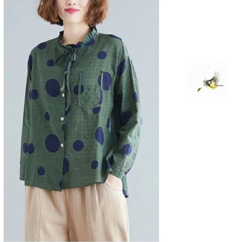 MDLV ~ 9874# Grande Polkadot Shirt Atasan Blouse Polkadot Full Collor Fashion Import