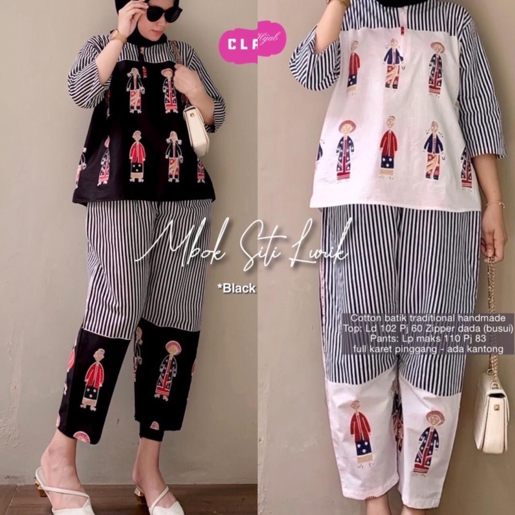 PREMIUM Mbok Set Siti Lurik Monochrome Batik Karakter Kombinasi Polos Setelan Hijab Stylish Outfit Remaja Katun Setelan Celana Panjang Motif Jamu Salur Tejo Gendong Lucu Boneka