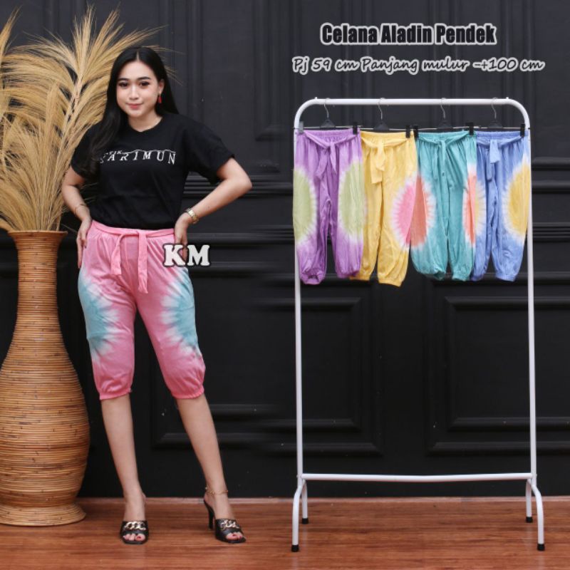 Celana Aladin Kain Bahan Kaos Motif Pelangi Tiedye Jogger Bali Tali Depan