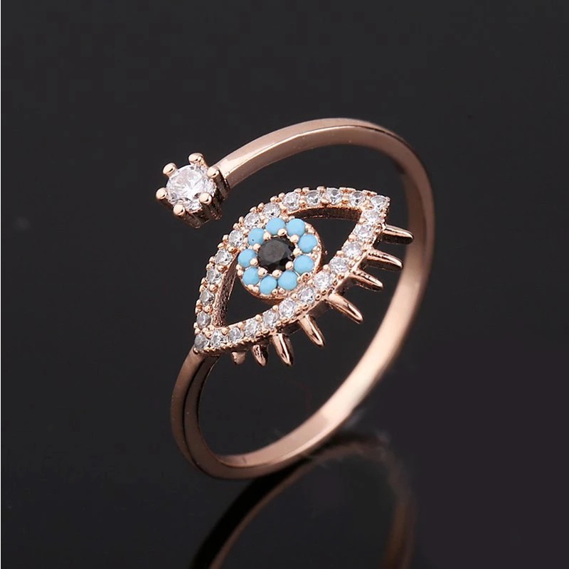 Cincin Model Terbuka Adjustable Desain Mata Iblis Biru Gaya Eropa Amerika Untuk Wanita