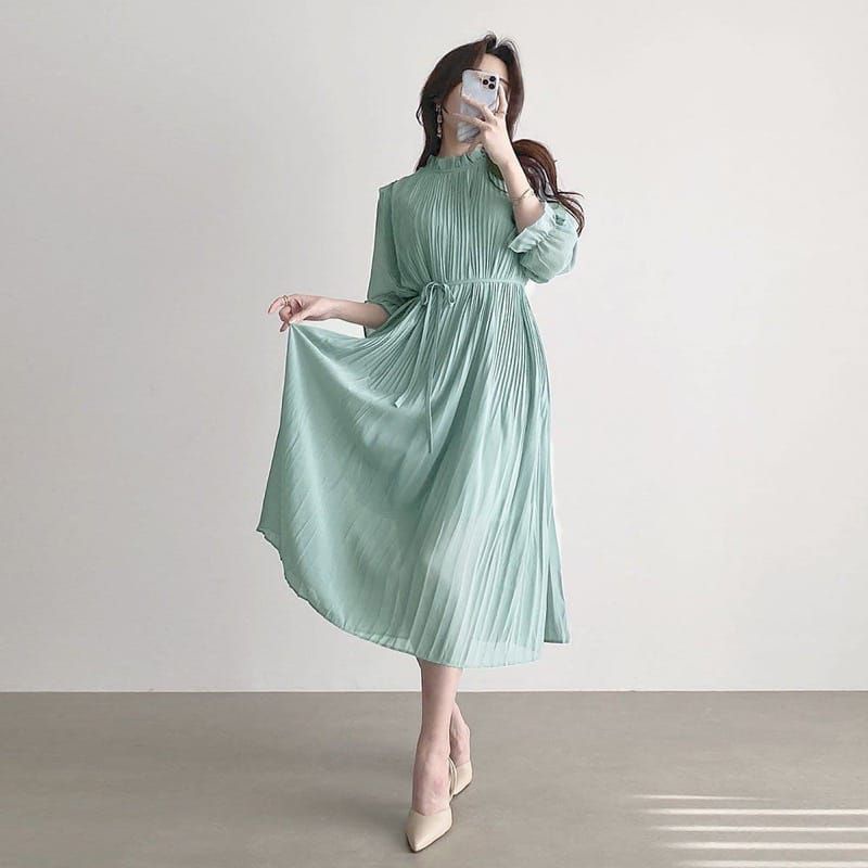 TC777 SEJONG Dress korean Vintage casual Midi Plisket Flare Hijab Friendly