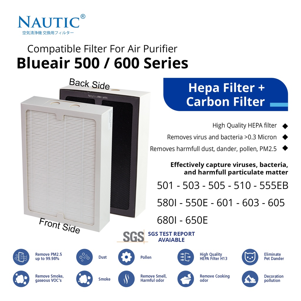 NAUTIC - Filter Blu*air 501 503 505 510 80I 550E 601 603 605 680I 650E HEPA+Carbon / Replacement Filter Blu*air Classic 500/600 Series