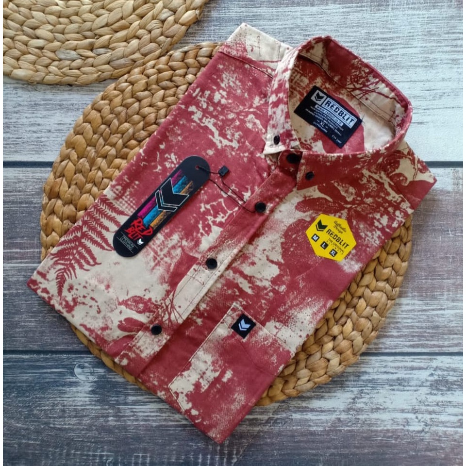 01 Real Pic Kemeja Motif Lengan Pendek merek REDBLIT Bahan Rami/Linen-GAMBAR 8