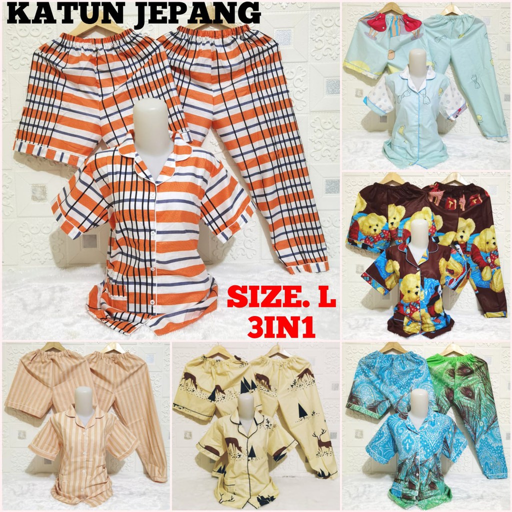 ISANNY PIYAMA SET 3IN1 SIZE L/KATUN JEPANG/BATIK 3IN1/BAJU TIDUR DEWASA/MICKEY/READY STOCK