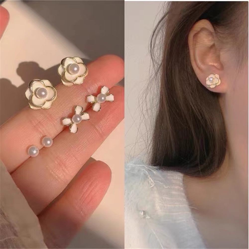 3 Pasang / set Anting stud Desain camellia Opals Bahan 925 silver Gaya Korea Untuk Wanita