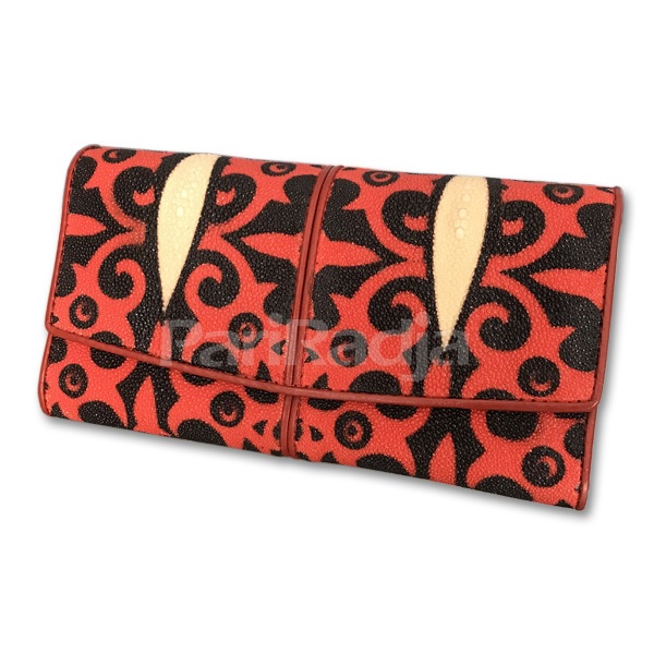 Dompet wanita kulit ikan pari model besar motif batik kalimantan oren hitam | dompet kulit ikan pari