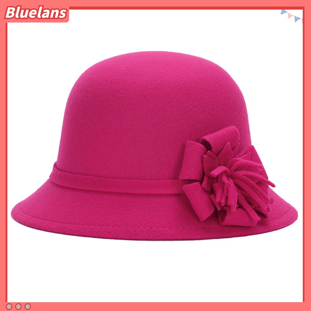 Bluelans Topi Bowler Bahan Wol Imitasi Warna Polos Aksen Bunga Gaya Vintage Untuk Wanita