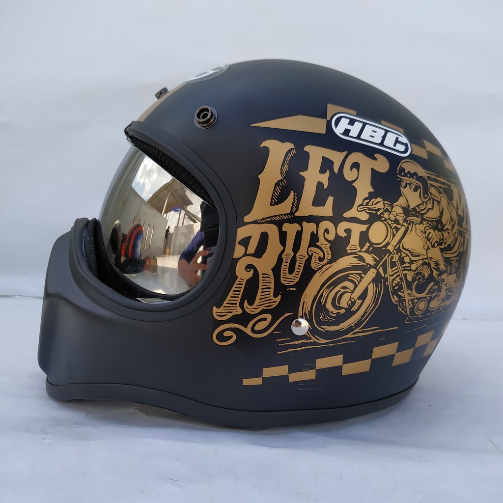 Helm Cakil HBC Rust Dust Black Font Gold + Inner Visor ( Fullface / Retro / Klasik / Vespa )