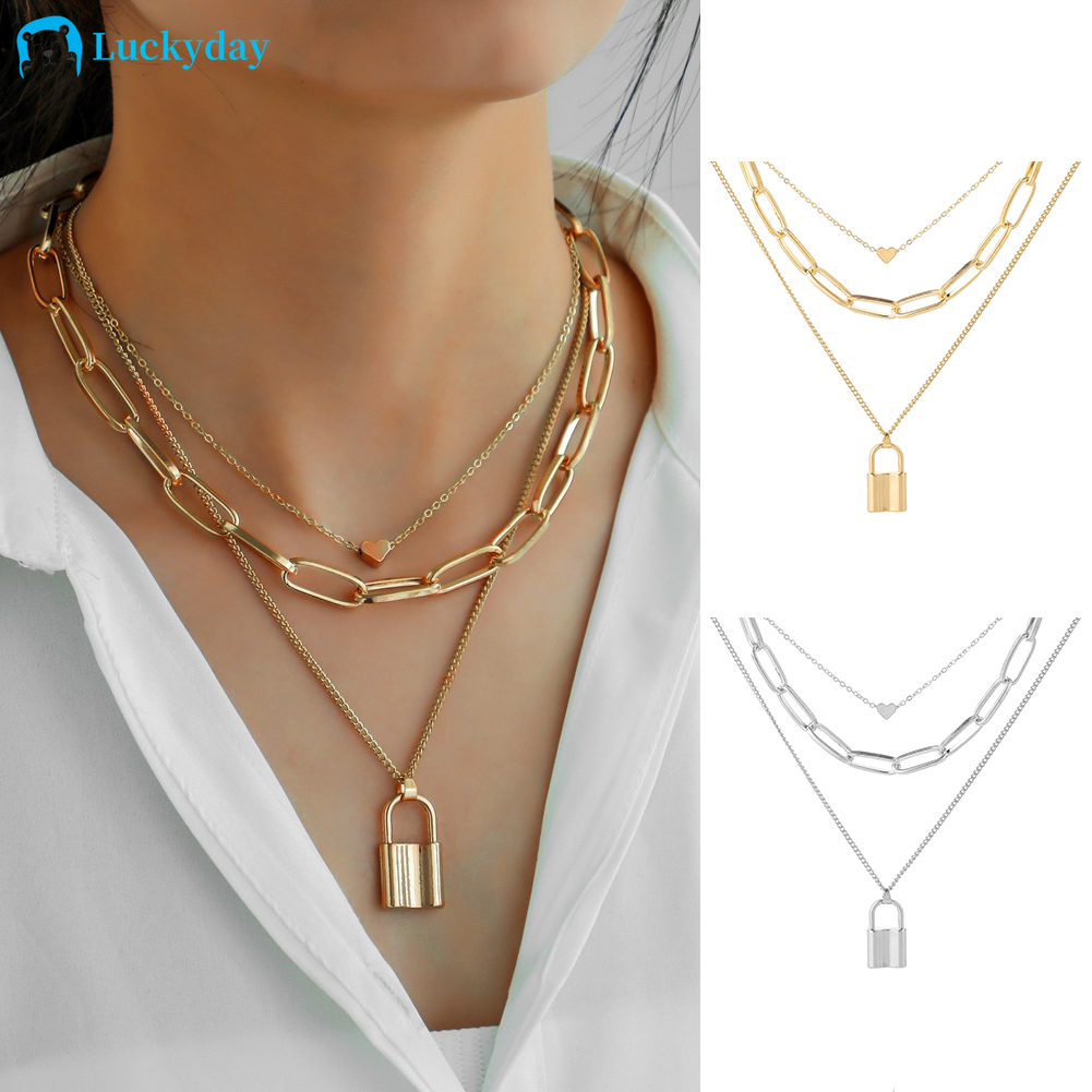 YEEZII Kalung Rantai Choker Multilayer Dengan Liontin Hati Warna Silver Dan Gold Gaya Retro Untuk Wanita