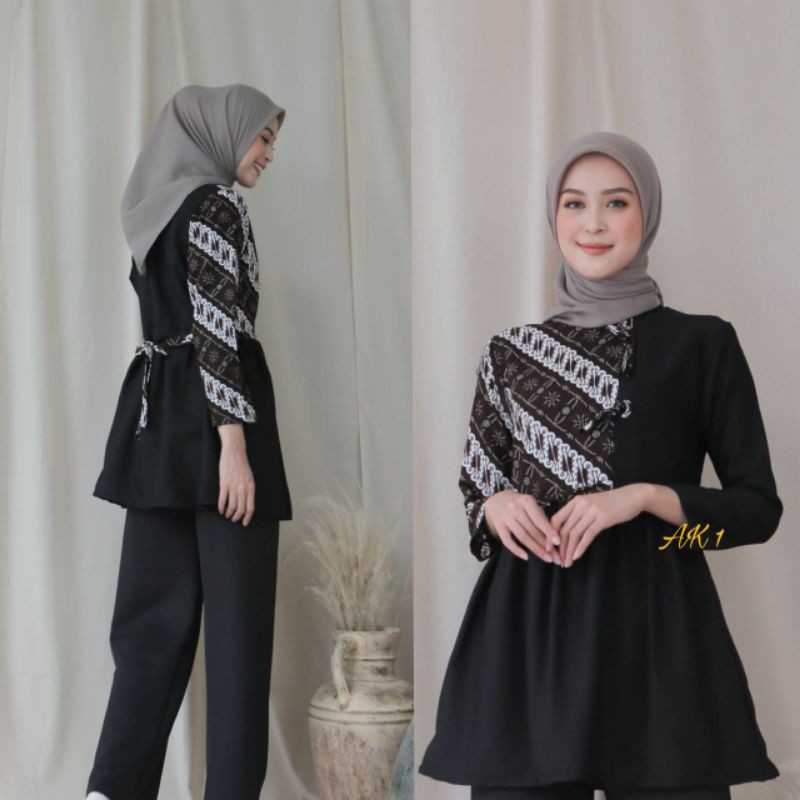 tey-17 Batik wanita ASJ SA HRB026 Kenongo Kemeja Tosca Pendek-Seno hitam