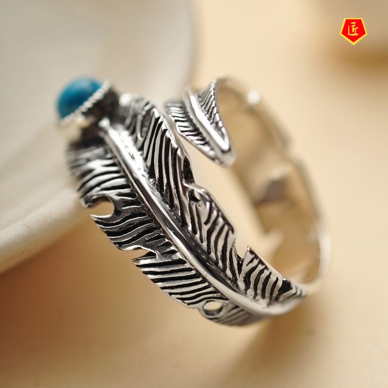 [Ready Stock]S925 Silver Vintage Silver Turquoise Feather Ring