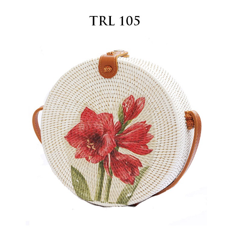 Sweet Honey ~ Grosir Tas Rotan Bulat Selempang Lukis Deco Motif Bunga Tulip Flower TRL105 Diameter 20cm