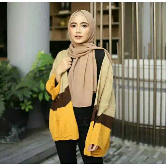 MAHERA CARDIGAN | CARDIGAN RAJUT KOMBINASI 3 WARNA | TRITONE COMBI CARDIGAN | KARDIGAN STRADIVARIUSE